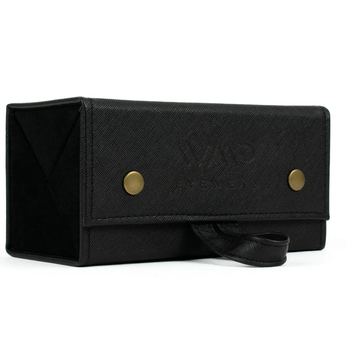 Black || Four piece travel case for eyewear with black fabric exterior and snap button closure