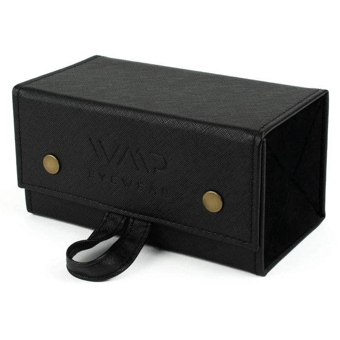 Black || Four piece travel case for eyewear shown from side angle with black fabric exterior and snap button closure