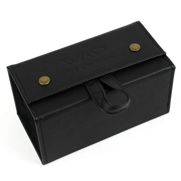 Black || Four piece travel case for eyewear shown from angled view with black fabric exterior and snap button closure