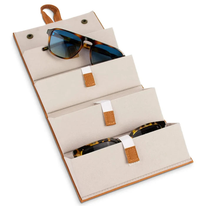 Light Brown || Four piece travel case for eyewear shown open with multiple interior compartments holding sunglasses and glasses