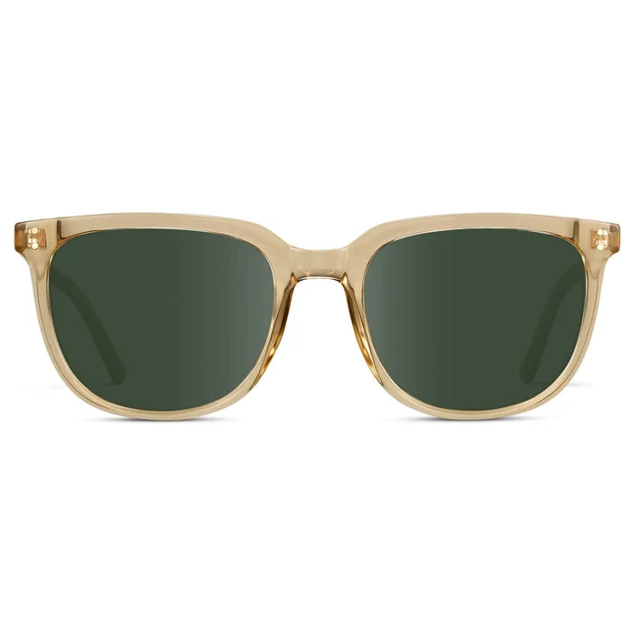 Champagne Crystal / G15 || Men's Square Prescription Sunglasses with Champagne Crystal Frame and Green Lenses on a white background