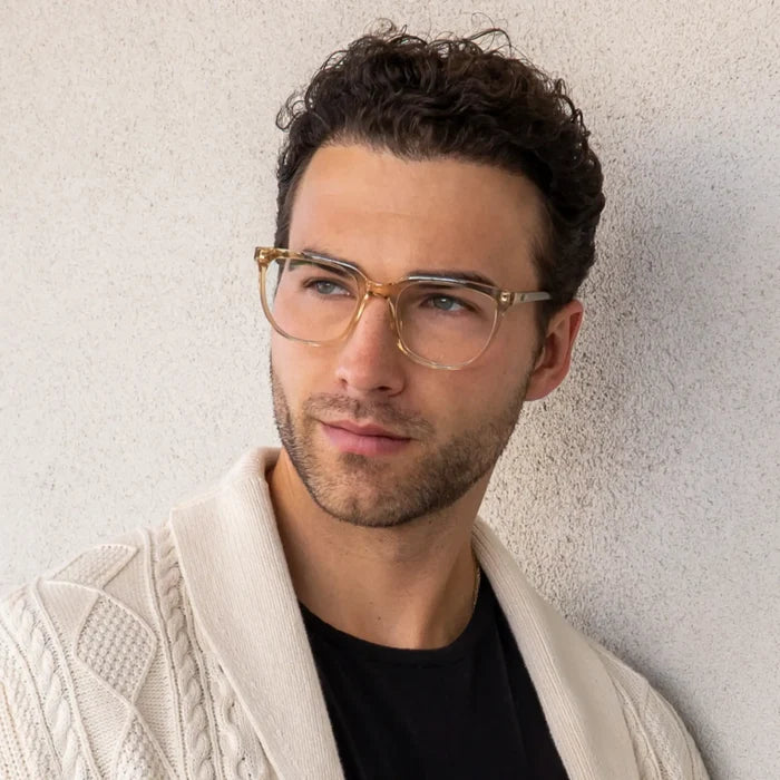 Champagne Crystal || Square prescription eyeglasses with keyhole bridge and crystal yellow frame worn by man indoors in natural light