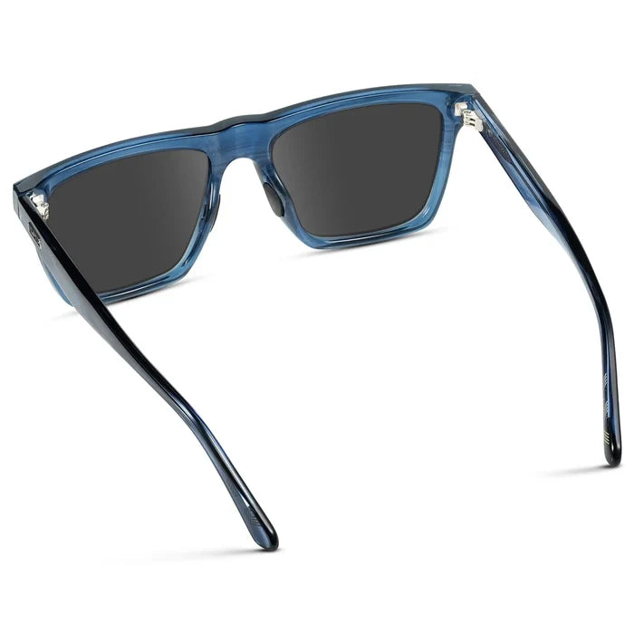 Indigo Blue Grain / Grey || Back view of Men's Rectangular Prescription Sunglasses with Indigo Blue Grain Frame and Grey Lenses on a white background