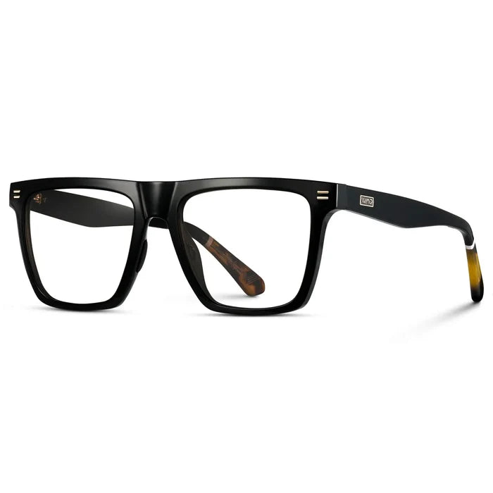 Black || Side view of Men's Rectangle Prescription Glasses with Black Frame and Clear Lenses on a white background