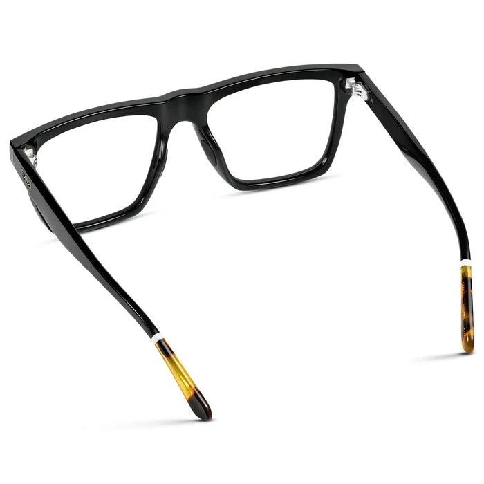 Black || Back view of Men's Rectangle Prescription Glasses with Black Frame and Clear Lenses on a white background