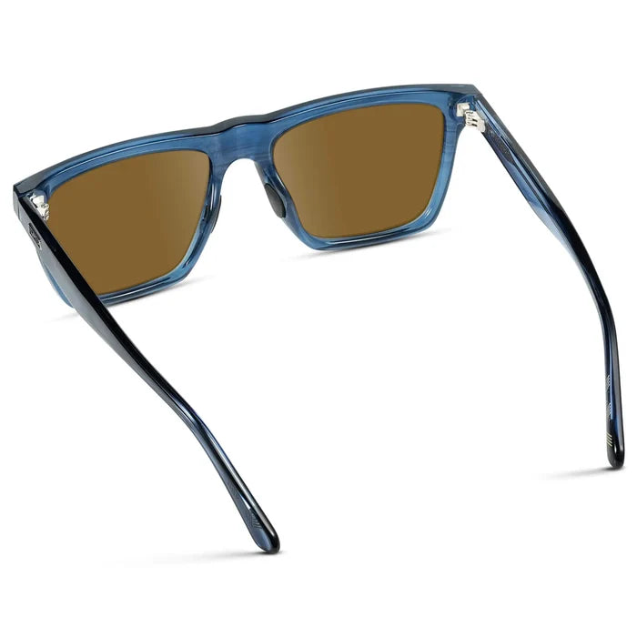 Indigo Blue Grain / Amber || Back view of Men's Rectangular Prescription Sunglasses with Indigo Blue Grain and Amber Lenses on a white background