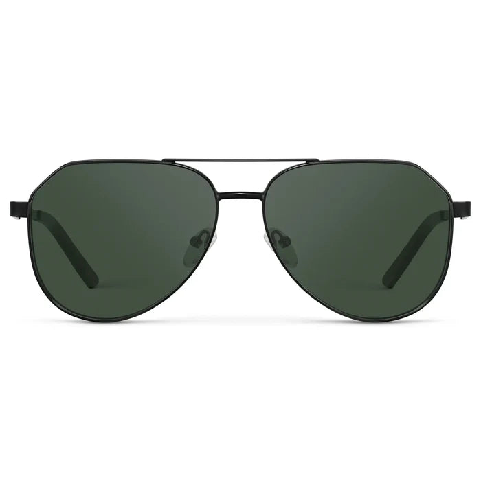 Black / G15 || Men's Stainless Steel Aviator Prescription Sunglasses with Black Frame and Green Lens on a white background