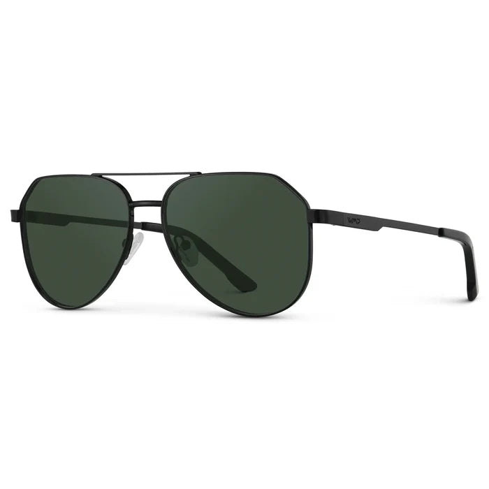 Black / G15 || Side view of Men's Stainless Steel Aviator Prescription Sunglasses with Black Frame and Green Lens on a white background