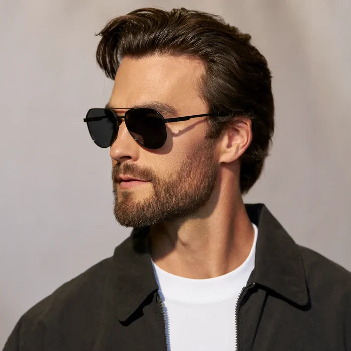 Black / Triple Black Lens || Model wearing Men's Stainless Steel Aviator Sunglasses with Black Frame and Triple Black Lens