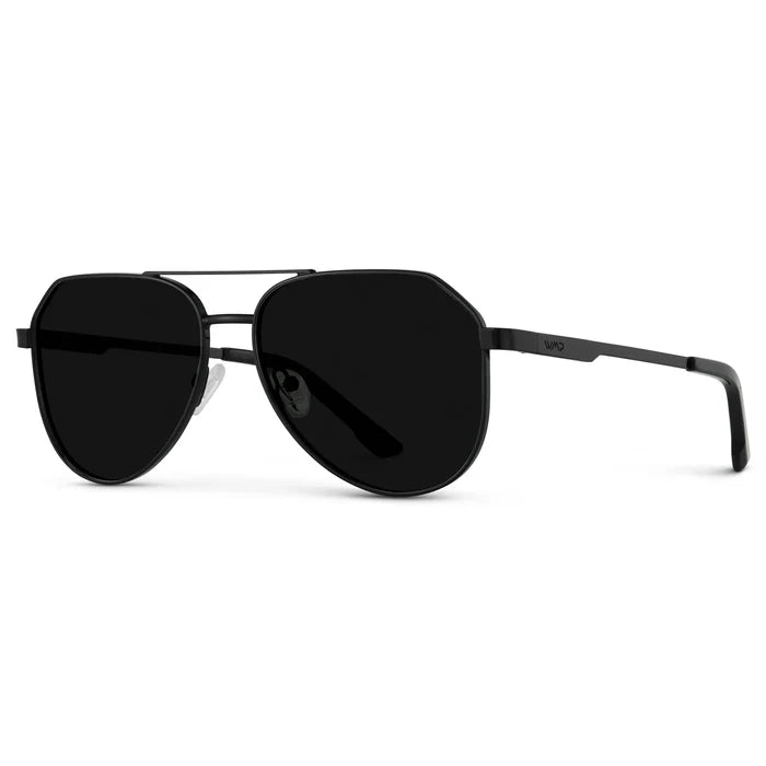 Black / Triple Black Lens || Side view of Men's Stainless Steel Aviator Sunglasses with Black Frame and Triple Black Lens on a white background