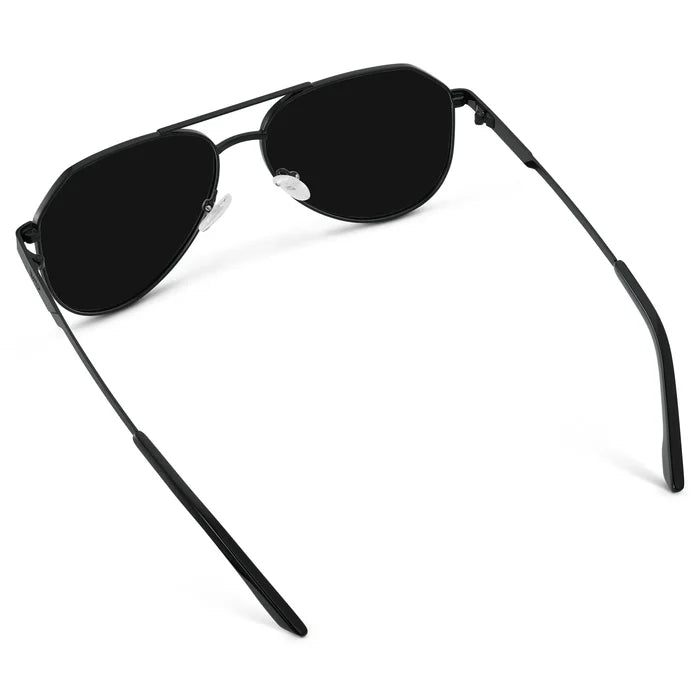 Black / Triple Black Lens || Back view of Men's Stainless Steel Aviator Sunglasses with Black Frame and Triple Black Lens on a white background
