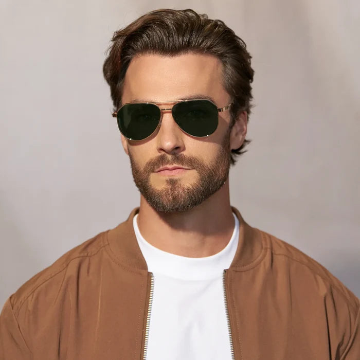 Gold / Smoke Green Lens || Model wearing Men's Stainless Steel Aviator Sunglasses with Gold Frame and Smoke Green Lens