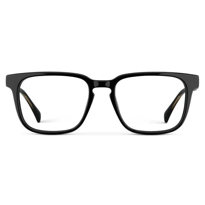 Black || Front view of Men's Rectangular Prescription Eyeglasses with Black Frame and Clear Lens on a white background