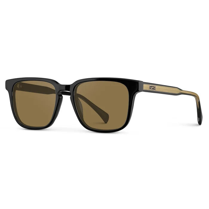 Black / Amber || Side view of Men's Rectangular Prescription Sunglasses with Black Frame and Brown Lens on a white background