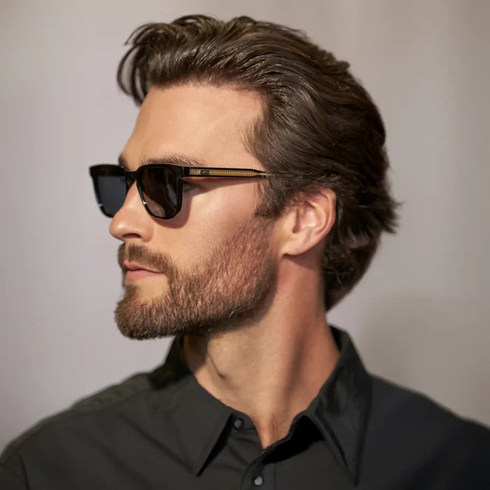 Black / Grey || Side view of model wearing Men's Rectangular Prescription Sunglasses with Black Frame and Grey Lens