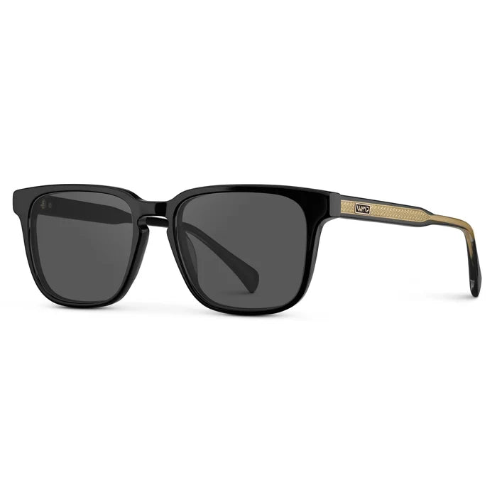 Black / Grey || Side view of Men's Rectangular Prescription Sunglasses with Black Frame and Grey Lens on a white background
