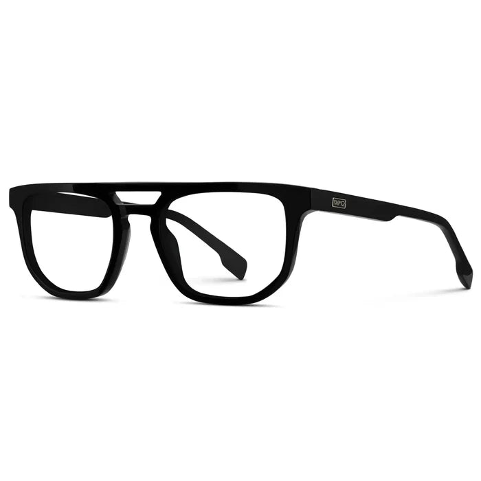 Black || Side view of Men's Rectangular Double Bridge Aviator Prescription Glasses with Black Frame and Clear Lenses on a white background