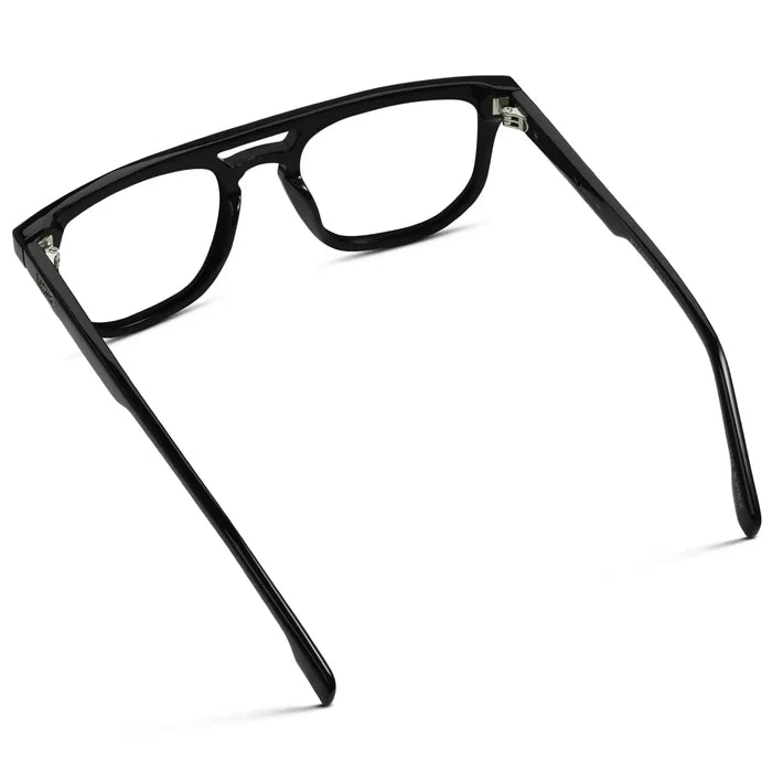 Black || Back view of Men's Rectangular Double Bridge Aviator Prescription Glasses with Black Frame and Clear Lenses on a white background