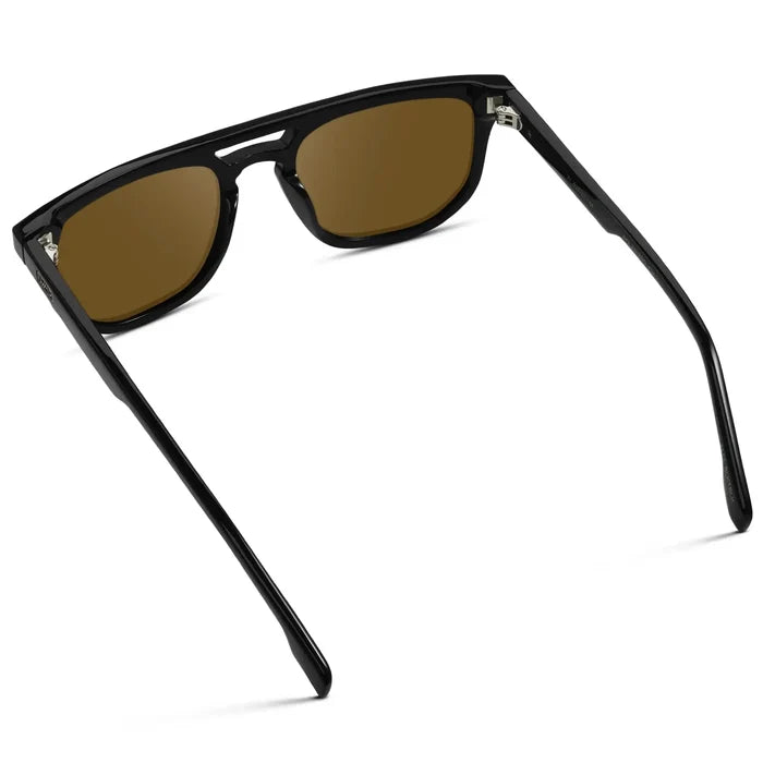 Black / Amber || Back view of Men's Rectangular Double Bridge Aviator Prescription Sunglasses with Black Frame and Amber Lenses on a white background