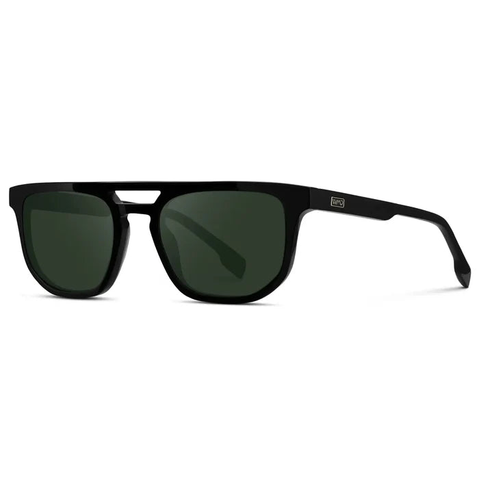 Black / G15 || Side view of Men's Rectangular Double Bridge Aviator Prescription Sunglasses with Black Frame and Green Lenses on a white background