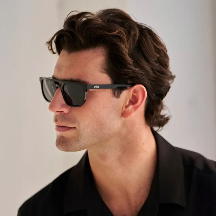 Black / Grey || Men's Rectangular Double Bridge Aviator Prescription Sunglasses with Black Frame and Grey Lenses worn by a man in natural light
