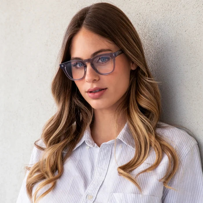 Crystal Lilac Grey || Aspen light purple translucent square frame glasses with blue light filtering lenses worn by woman with natural waves