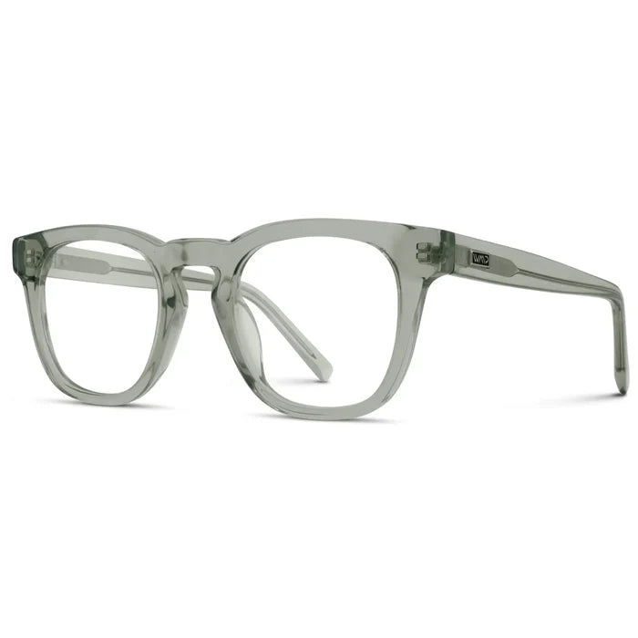 Sea Salt Grey || Side view of Women's Square Prescription Glasses with Grey Frame and Clear Lenses on a white background