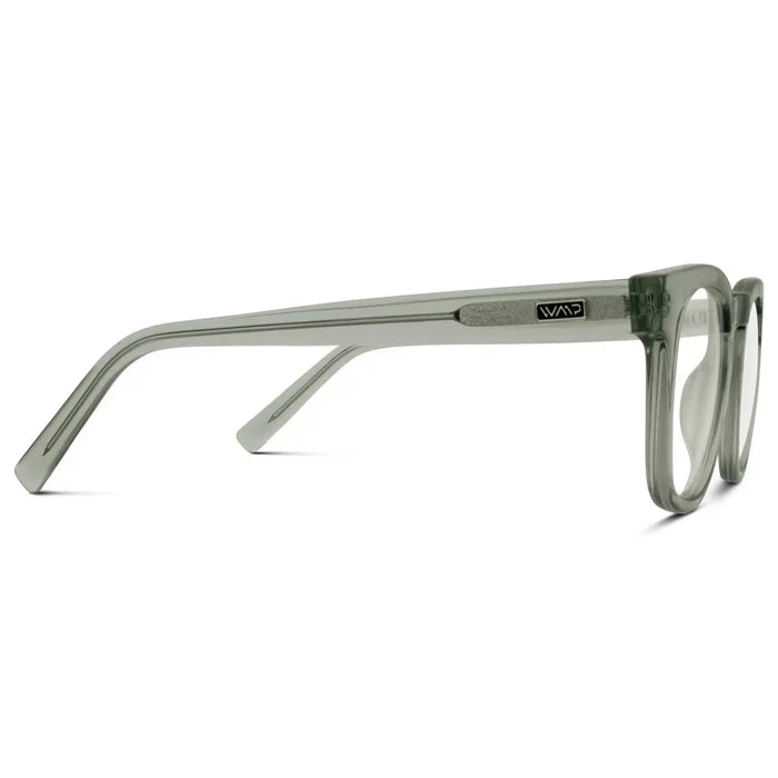 Sea Salt Grey || Temple view of Women's Square Prescription Glasses with Grey Frame and Clear Lenses on a white background