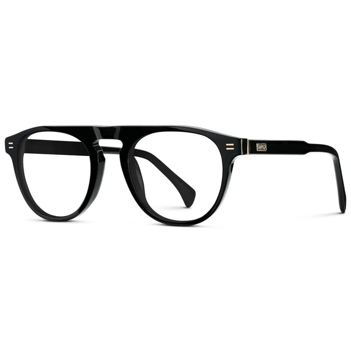 Black || Side view of Men's Rounded Aviator-Inspired Prescription Eyeglasses with Black Acetate Frame and Clear Lens on a white background