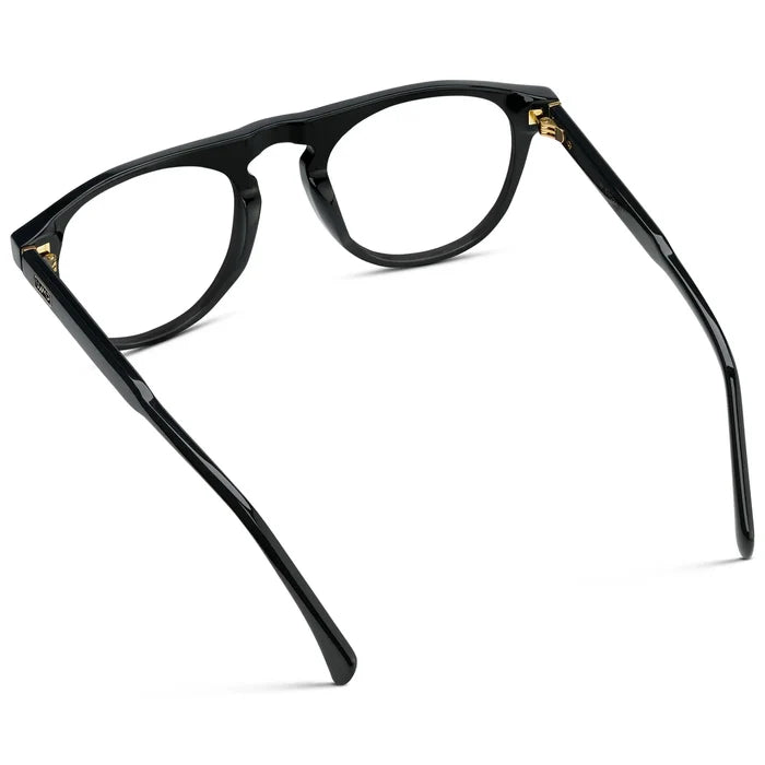 Black || Back view of Men's Rounded Aviator-Inspired Prescription Eyeglasses with Black Acetate Frame and Clear Lens on a white background