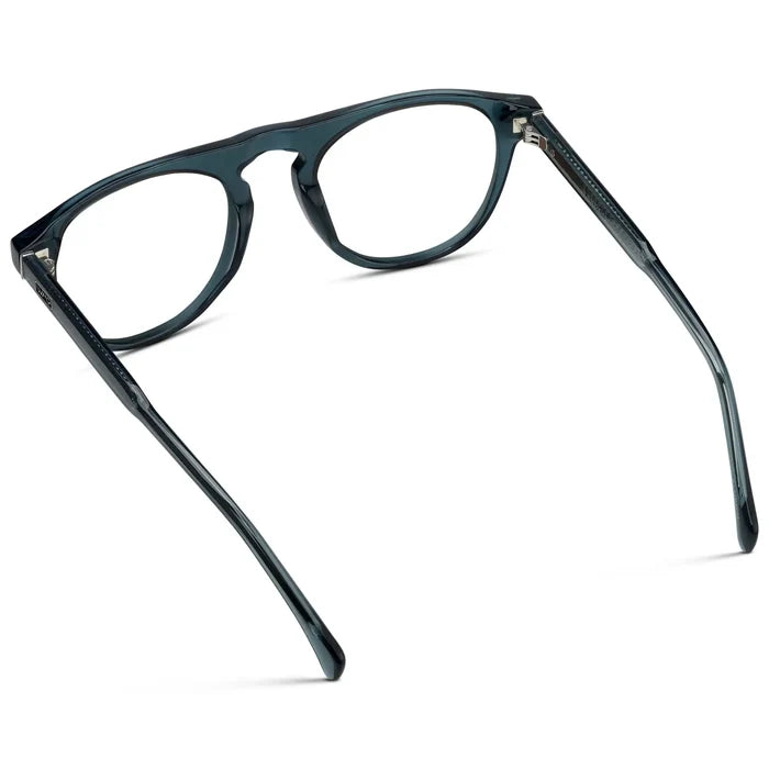 Crystal Steel Blue || Back view of Men's Rounded Aviator-Inspired Prescription Eyeglasses with Crystal Steel Blue Acetate Frame and Clear Lens on a white background