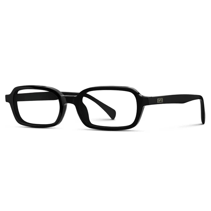 Black || Side view of Women's Rectangular Prescription Eyeglasses with Black Frame and Clear Lenses on a white background
