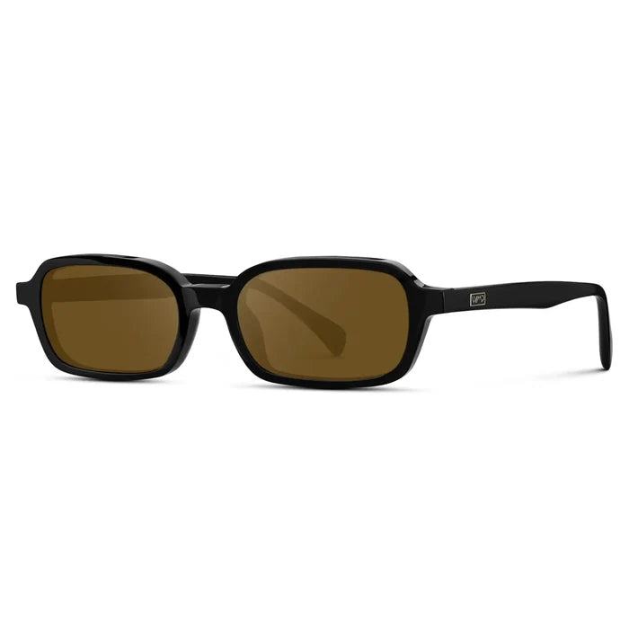 Black / Amber || Side view of Women's Rectangular Prescription Sunglasses with Black Frame and Amber Lenses on a white background