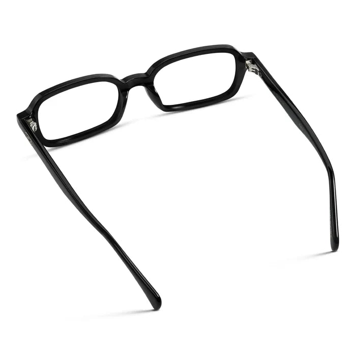 Black || Back view of Women's Rectangular Prescription Eyeglasses with Black Frame and Clear Lenses on a white background