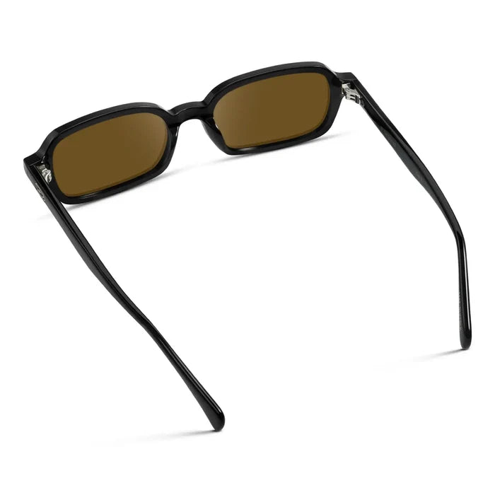 Black / Amber || Back view of Women's Rectangular Prescription Sunglasses with Black Frame and Amber Lenses on a white background