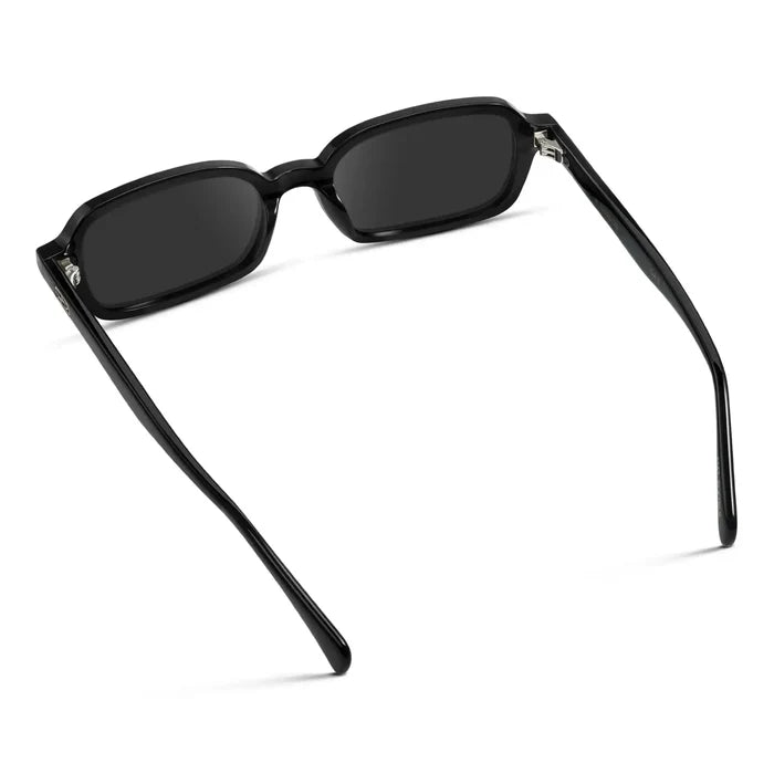 Black / Grey || Back view of Women's Rectangular Prescription Sunglasses with Black Frame and Grey Lenses on a white background