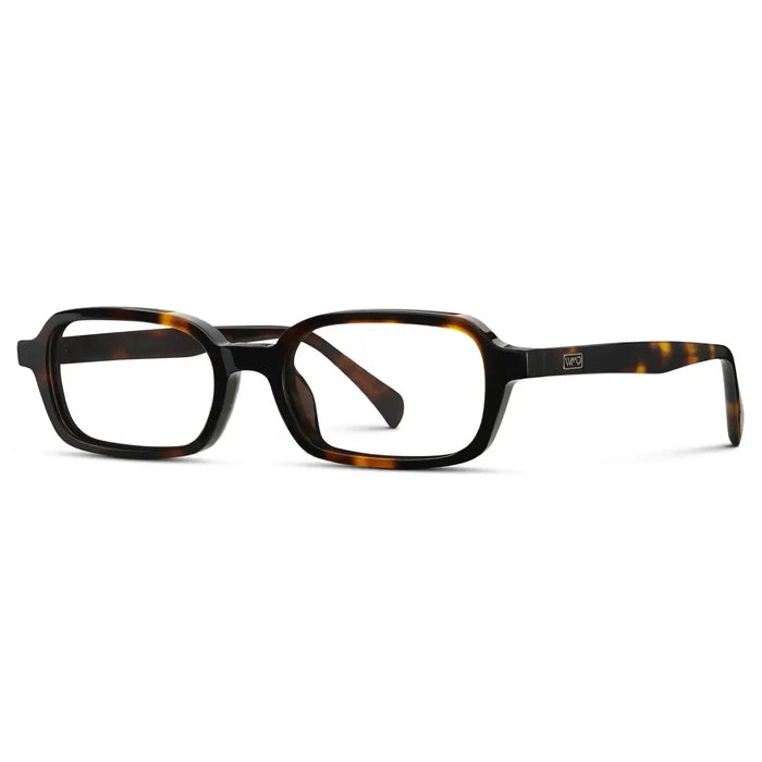 Brown Tortoise || Side view of Women's Rectangular Prescription Eyeglasses with Brown Tortoise Frame and Clear Lenses on a white background
