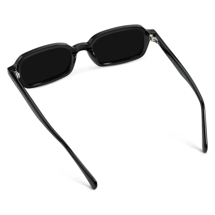 Black / Triple Black Lens || Back view of Women's Rectangular Sunglasses with Black Frame and Anti-Reflective Black Lenses on a white background