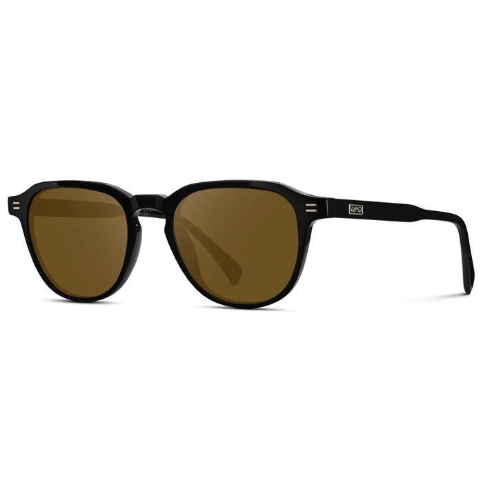 Black / Amber || Side view of Men's Round Prescription Sunglasses with Black Frame and Amber Lenses on a white background