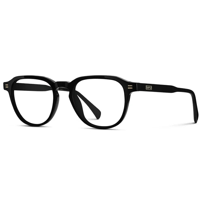 Black || Side view of Men's Round Prescription Glasses with Black Frame and Clear Lenses on a white background