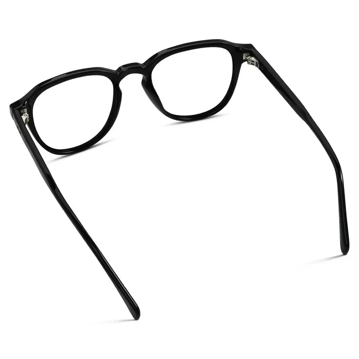 Black || Back view of Men's Round Prescription Glasses with Black Frame and Clear Lenses on a white background