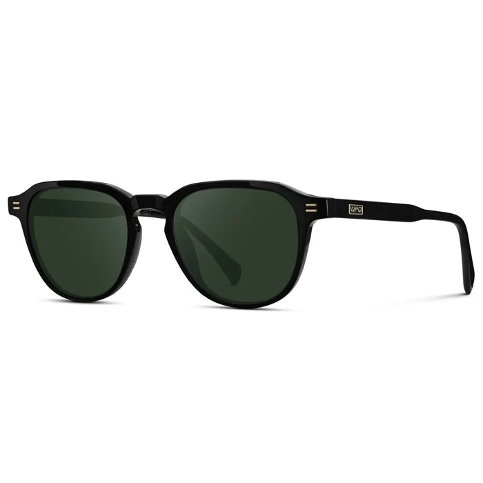 Black / G15 || Side view of Men's Round Prescription Sunglasses with Black Frame and Green Lenses on a white background