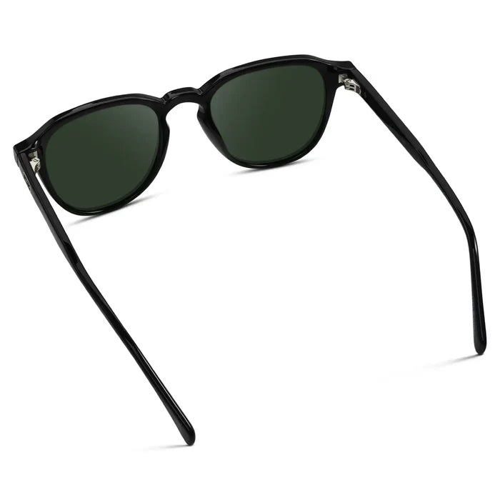 Black / G15 || Back view of Men's Round Prescription Sunglasses with Black Frame and Green Lenses on a white background