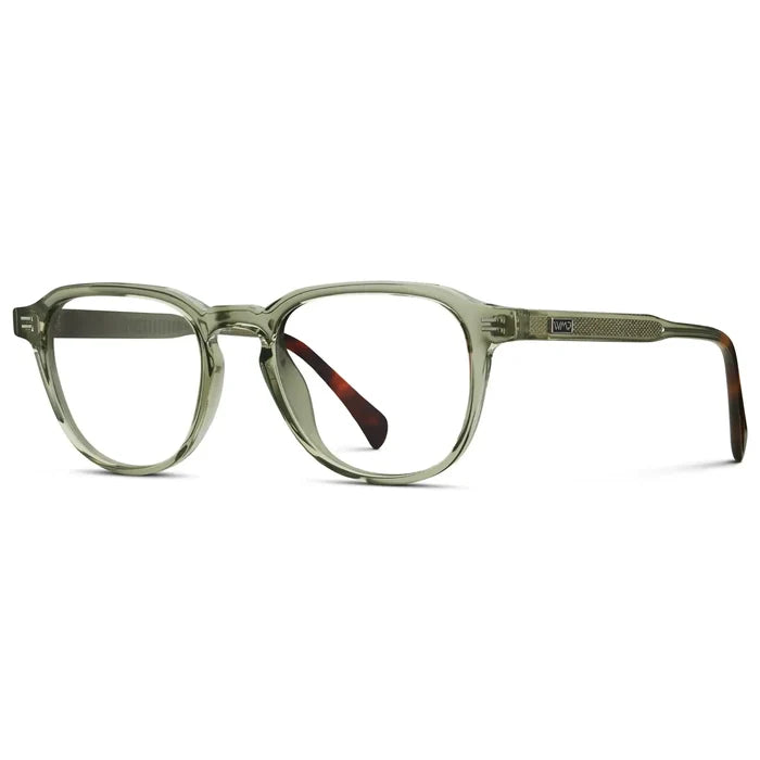 Palm Green || Side view of Men's Round Prescription Glasses with Palm Green Frame and Clear Lenses on a white background