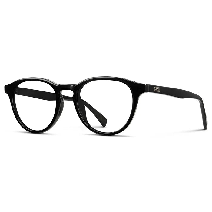 Black || Side view of Unisex Round Performance Eyeglasses with Black Acetate Frame and Clear Prescription Lens on a white background