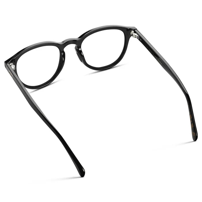 Black || Back view of Unisex Round Performance Eyeglasses with Black Acetate Frame and Clear Prescription Lens on a white background