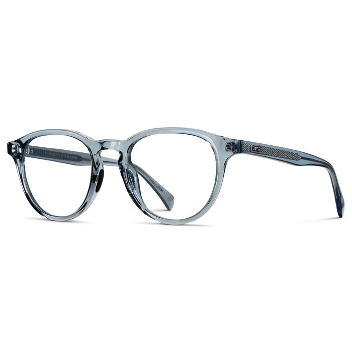 Denim Blue || Side view of Unisex Round Performance Eyeglasses with Denim Blue Acetate Frame and Clear Prescription Lens on a white background