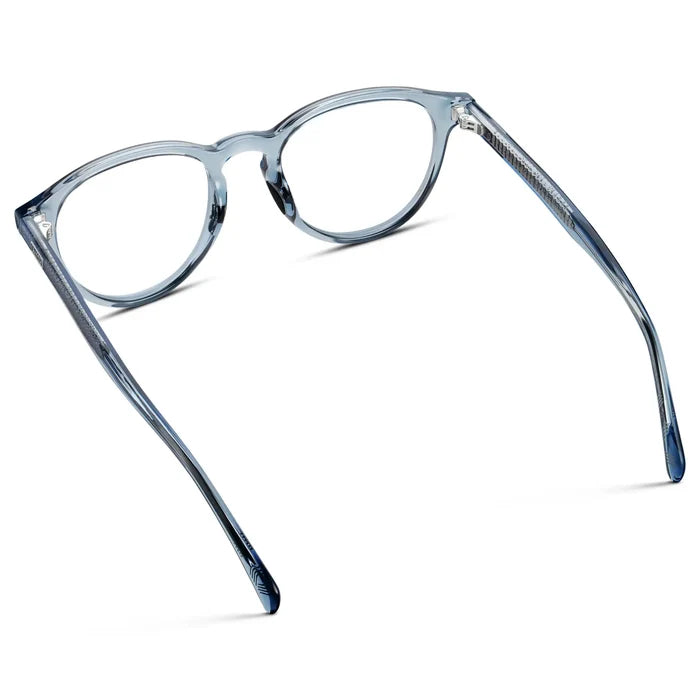 Denim Blue || Back view of Unisex Round Performance Eyeglasses with Denim Blue Acetate Frame and Clear Prescription Lens on a white background