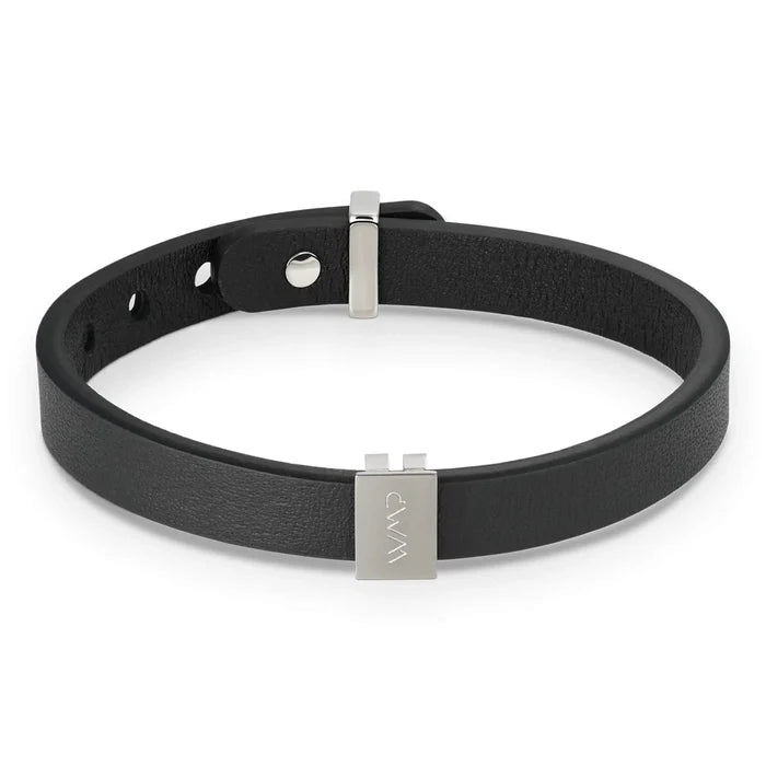Gun Metal / Black Leather || Black Leather Cuff Bracelet with Gunmetal Metal Accents on a white background.