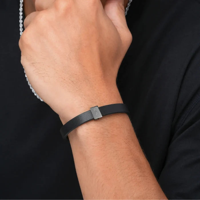 Gun Metal / Black Leather || Model wearing Black Leather Cuff Bracelet with Gunmetal Metal Accents.
